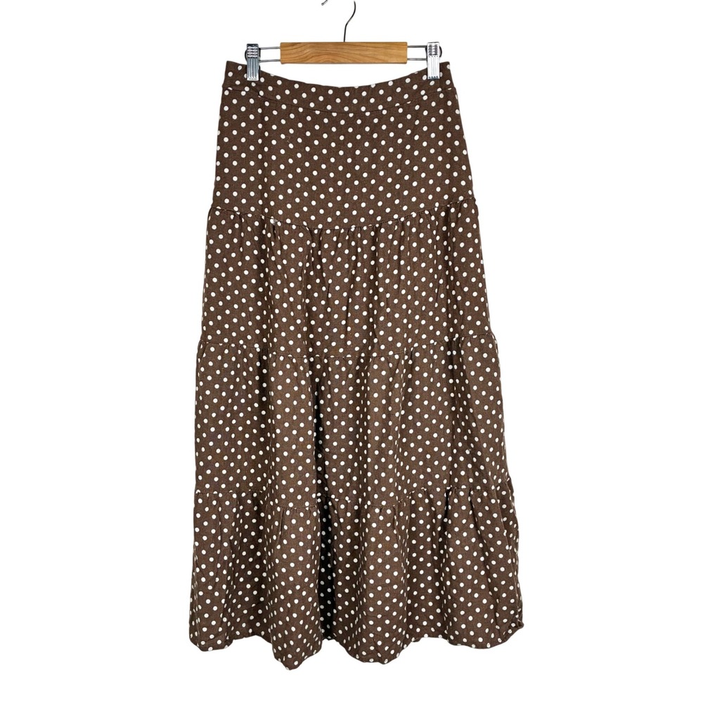 Skirt Sz S Linen Tiered Midi Cottage Boho Polka Dot Coastal Cowgirl Prairie